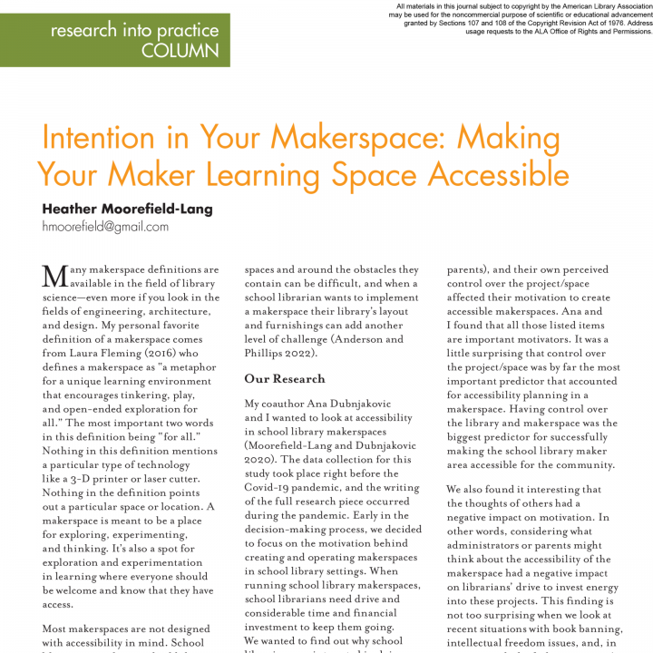 Research into Practice Column | Intention in Your Makerspace: Making Your Maker Learning Space Accessible (Volume 51, No.1, pgs 52-53) icon