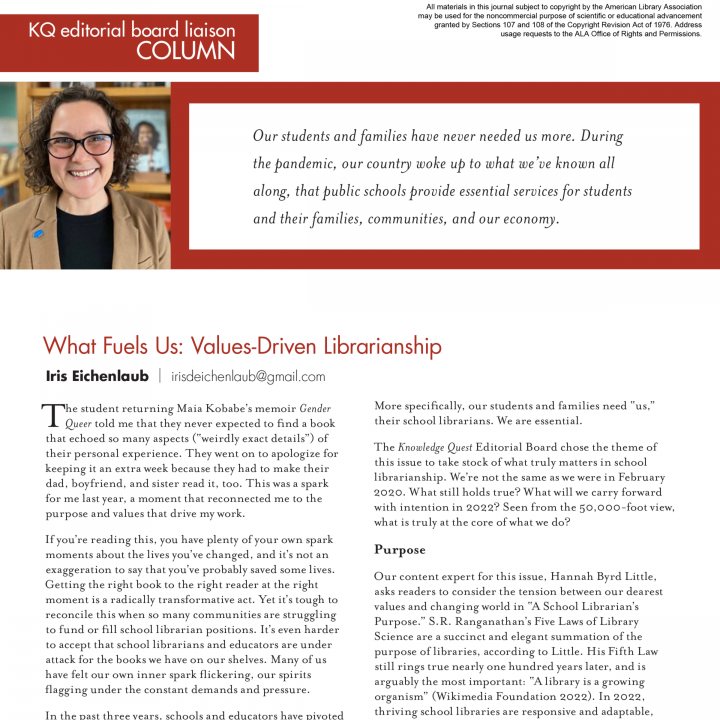 KQ Editorial Board Liaison Column | What Fuels Us: Values-Driven Leadership (Volume 51, No.1, pgs 8-9) icon