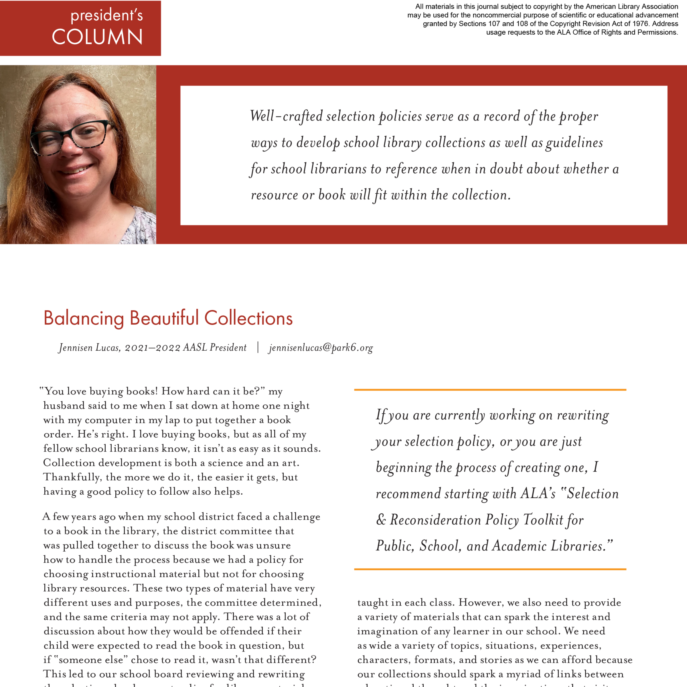 President’s Column: Balancing Beautiful Collections (Volume 50, No.5, pgs 4-5)