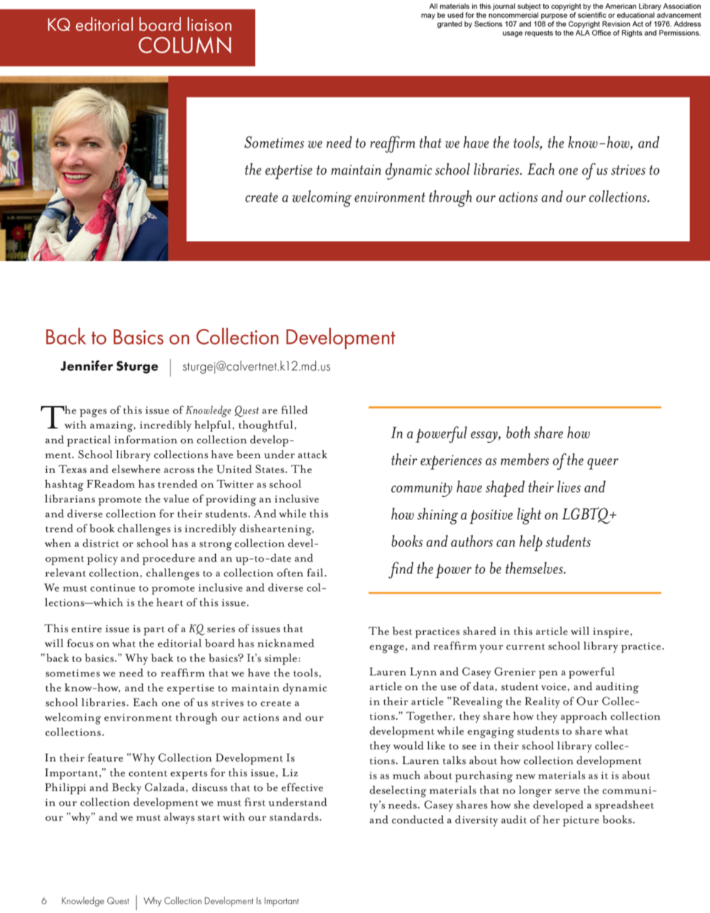 KQ Editorial Board Liaison Column: Back to Basics on Collection Development (Volume 50, No.4, pgs 6-7)