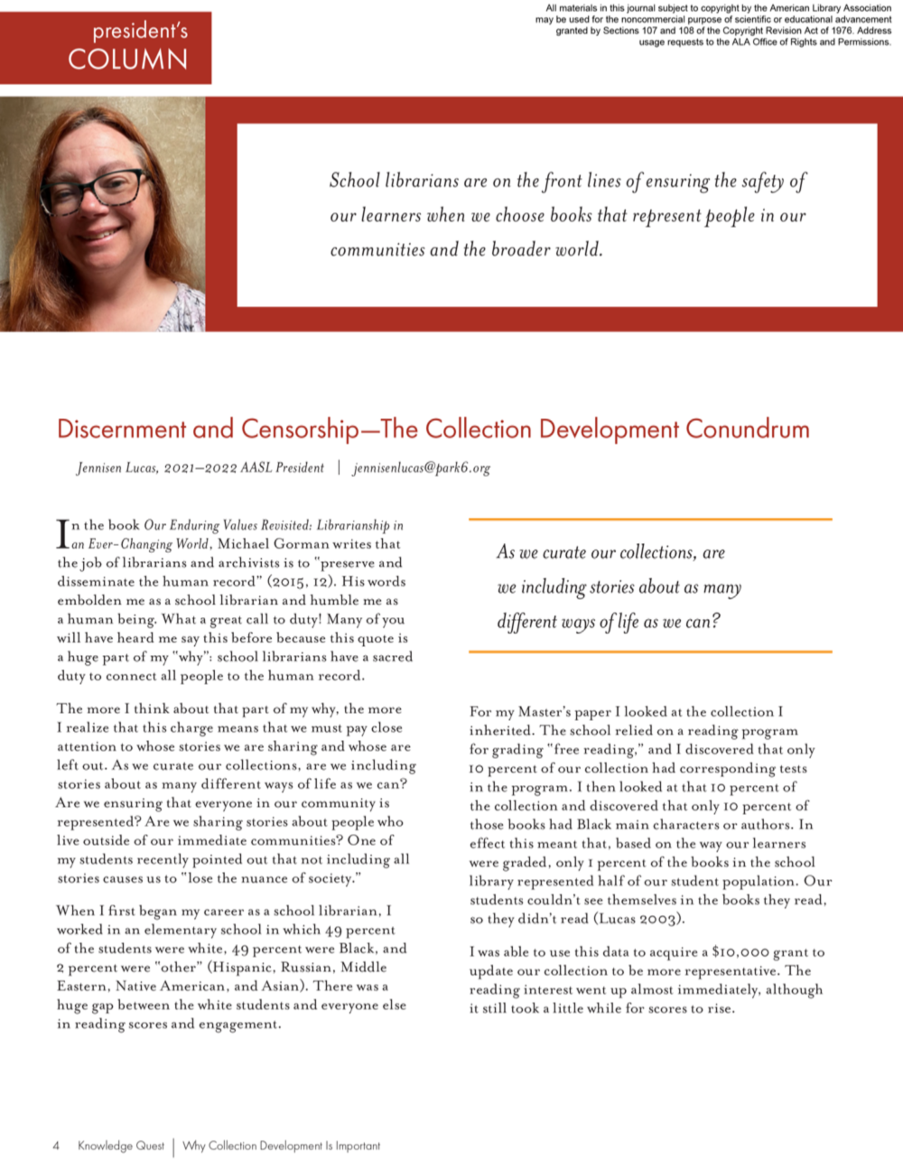 President’s Column: Discernment and Censorship—The Collection Development Conundrum (Volume 50, No.4, pgs 4-5)
