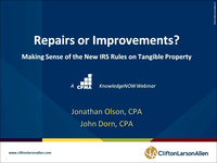 Repairs or Improvements?  Making Sense of the New IRS Rules on Tangible Property