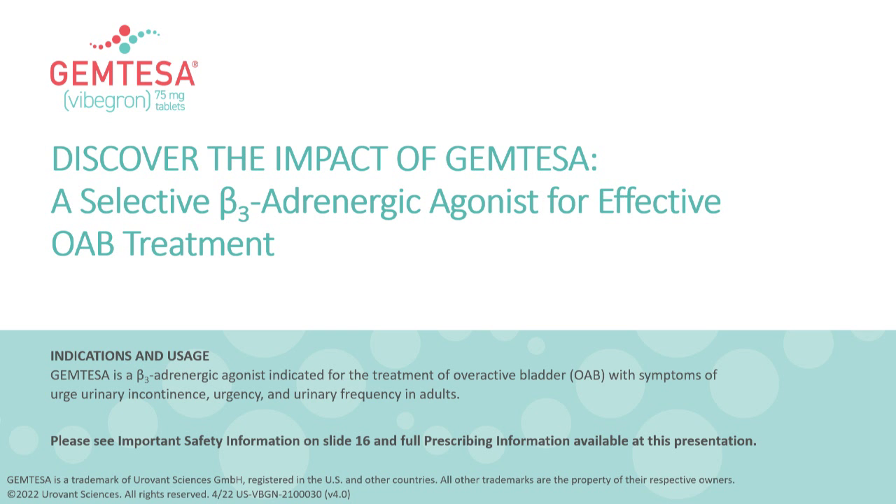 Discover the Impact of GEMTESA: A Selective β3-Adrenergic Agonist for Effective OAB Treatment icon
